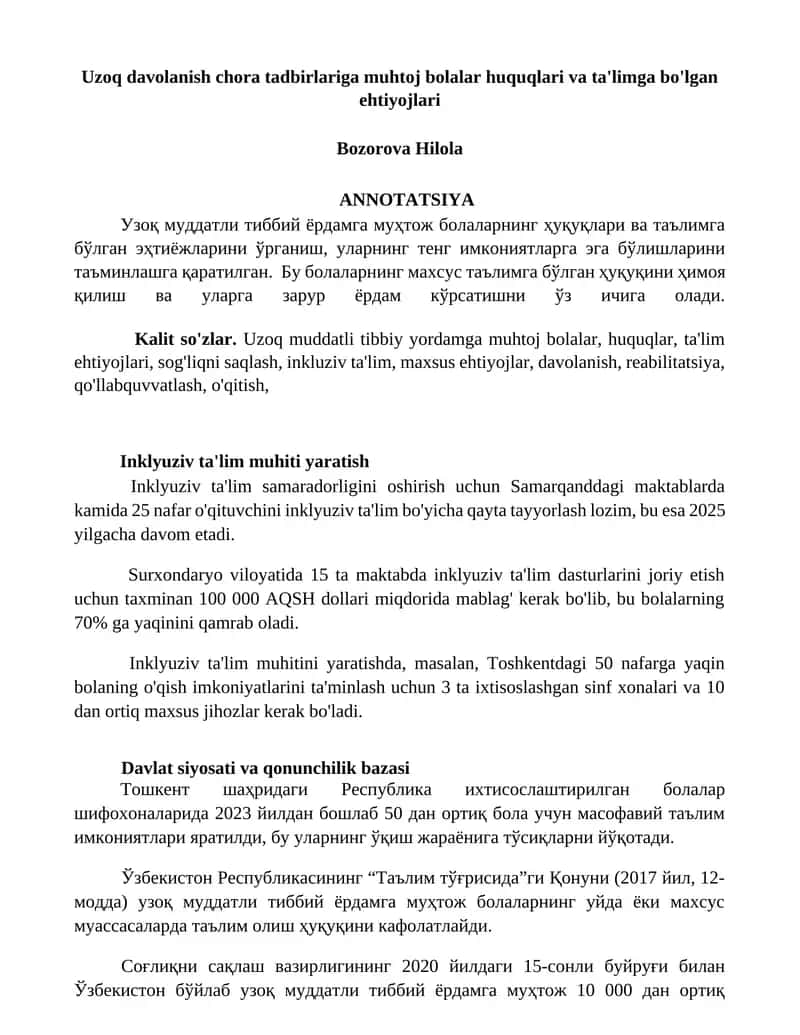 Uzoq davolanish chora tadbirlariga muhtoj bolalar huquqlari va ta'limga bo'lgan ehtiyojlari