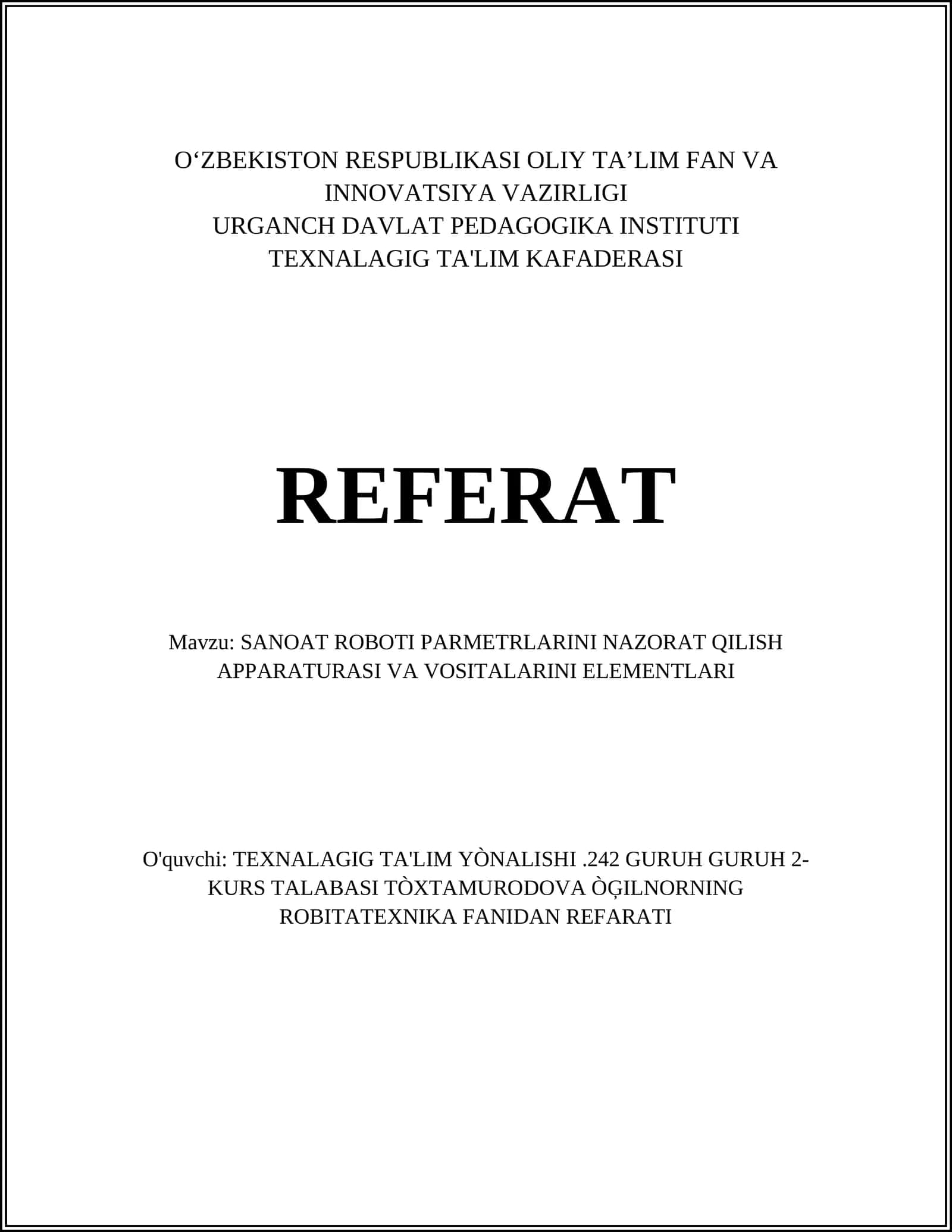 Sanoat Roboti Parmetrlarini Nazorat Qilish Apparaturasi va Vositalarini Elementlari