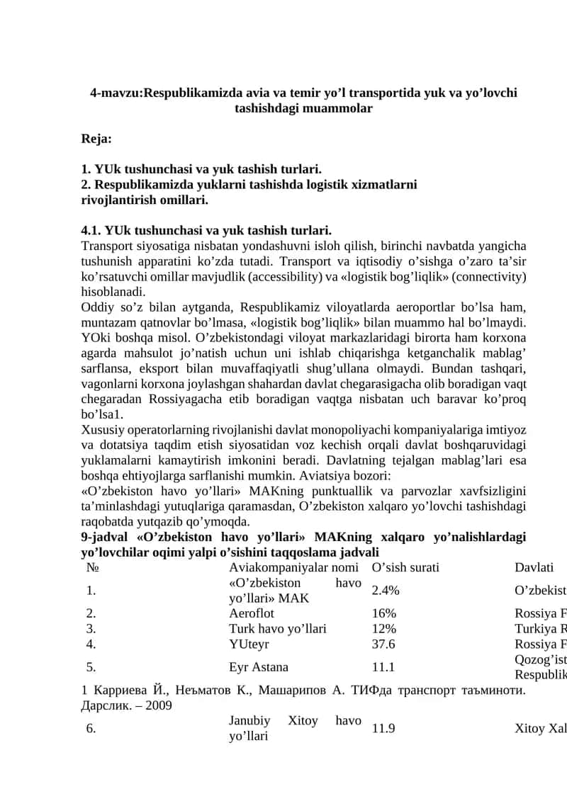 Rеspublikаmizdа аviа vа tеmir yo’l trаnspоrtidа yuk vа yo’lоvchi tаshishdаgi muаmmоlаr