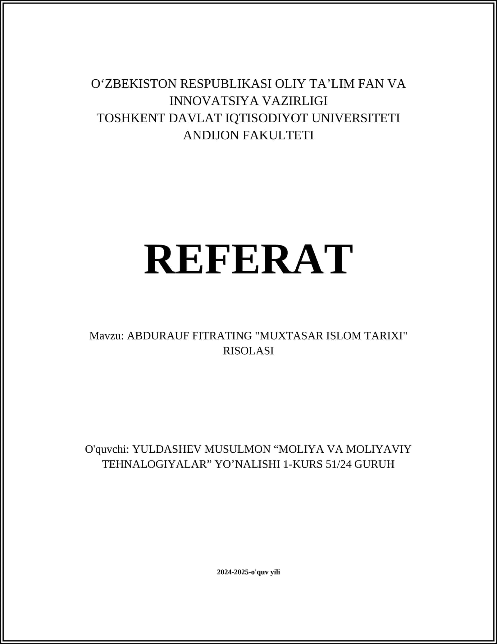 ABDURAUF FITRATING "MUXTASAR ISLOM TARIXI" RISOLASI