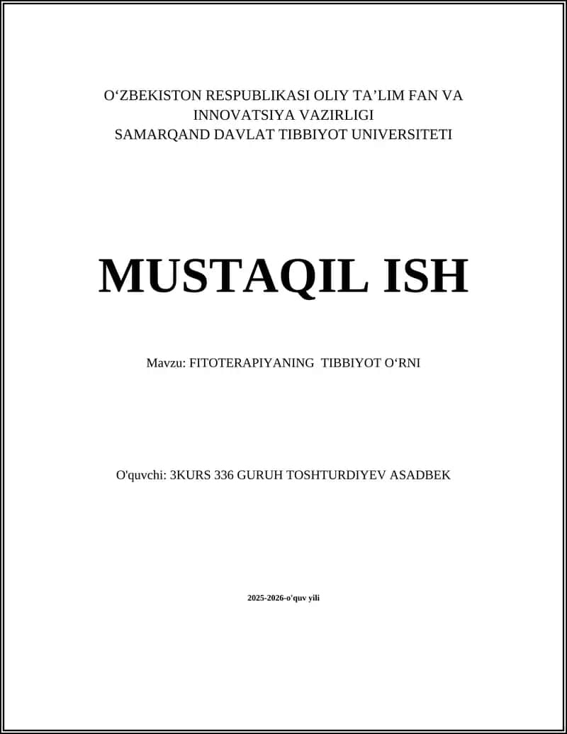FITOTERAPIYANING TIBBIYOT OʻRNI