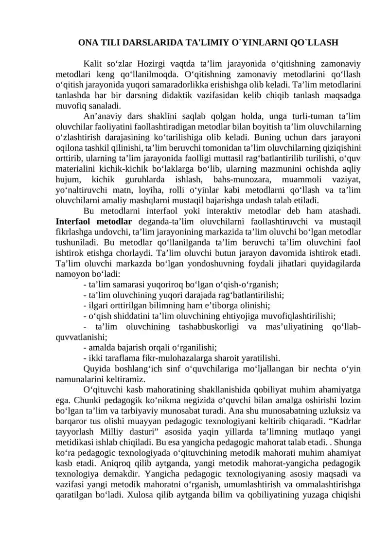 ONA TILI DARSLARIDA TA'LIMIY O`YINLARNI QO`LLASH