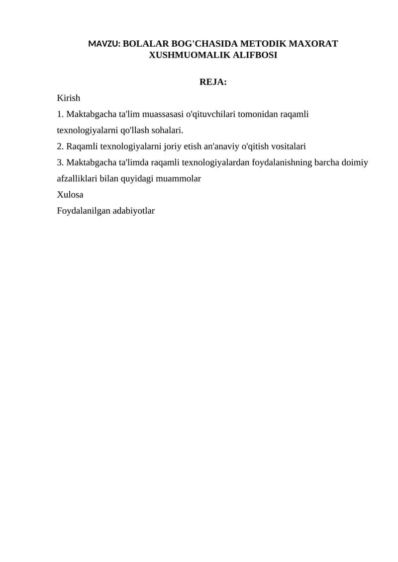 BOLALAR BOG'CHASIDA METODIK MAXORAT XUSHMUOMALIK ALIFBOSI