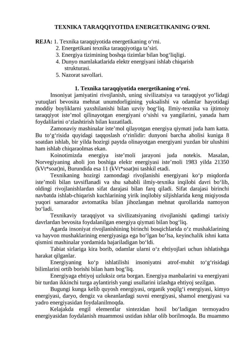 Texnika taraqqiyotida energetikaning o‘rni