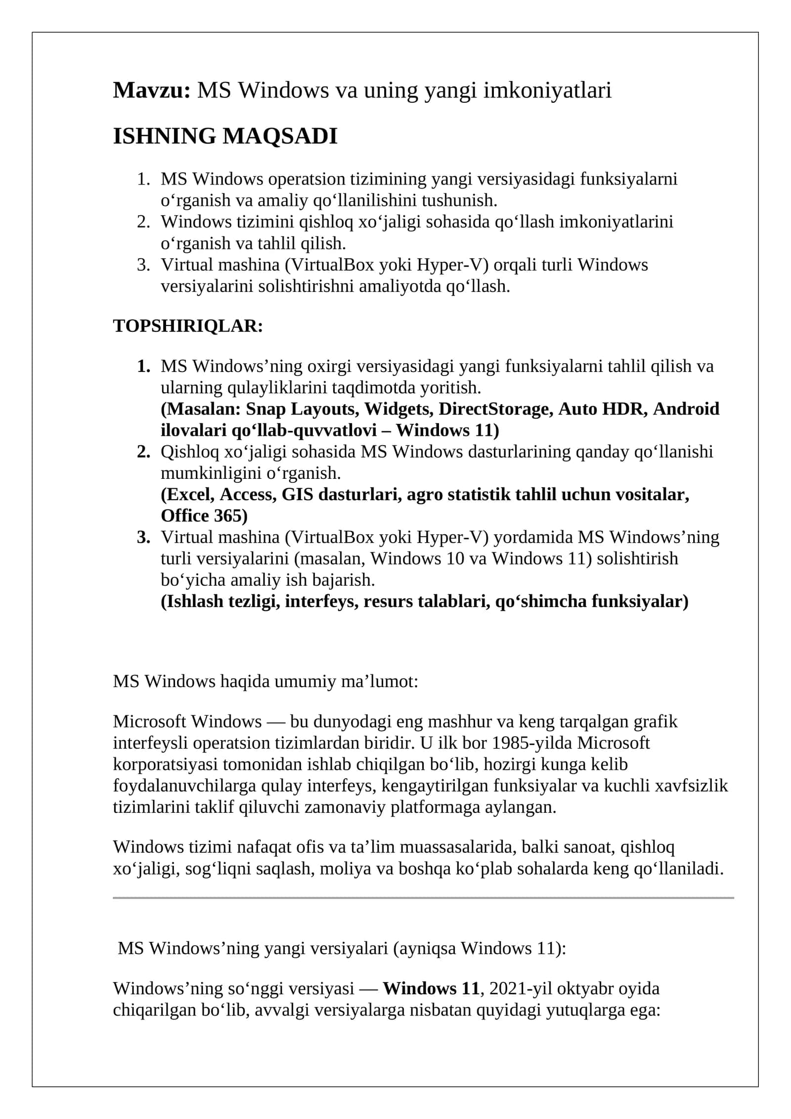 MS Windows va uning yangi imkoniyatlari