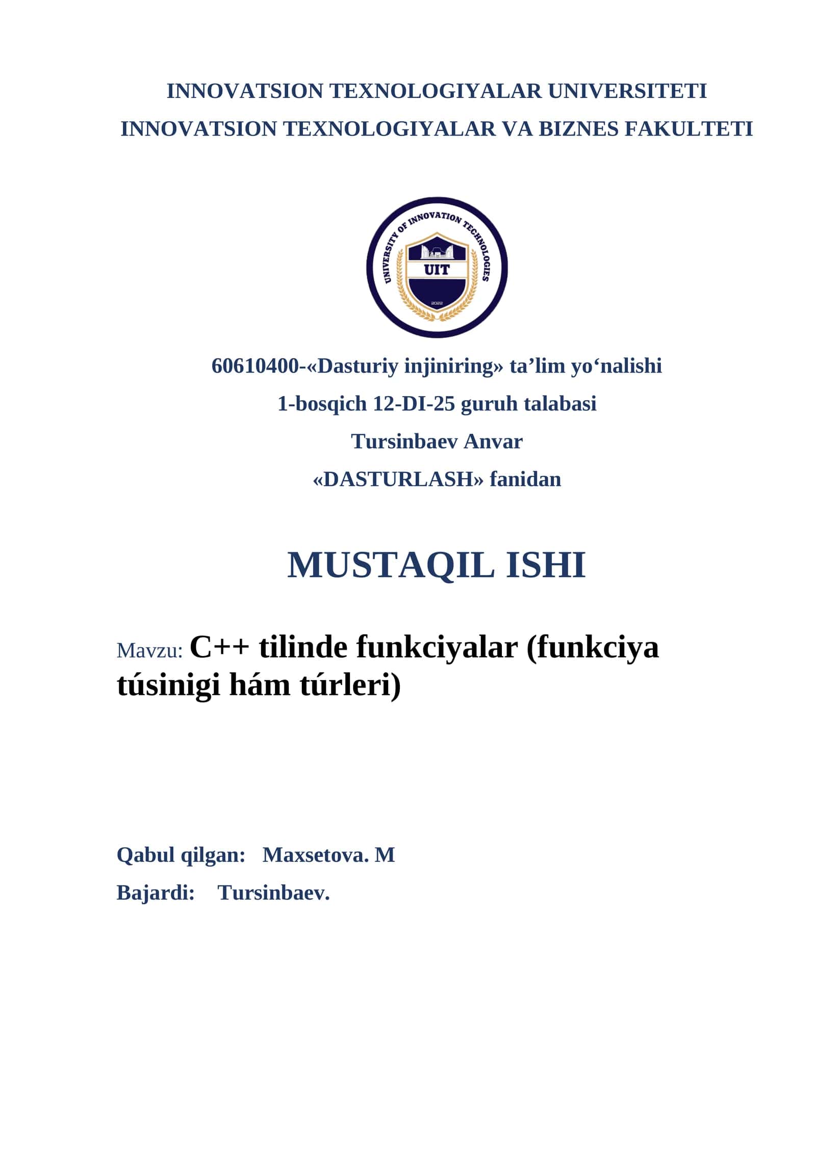 C++ tilinde funkciyalar (funkciya túsinigi hám túrleri)