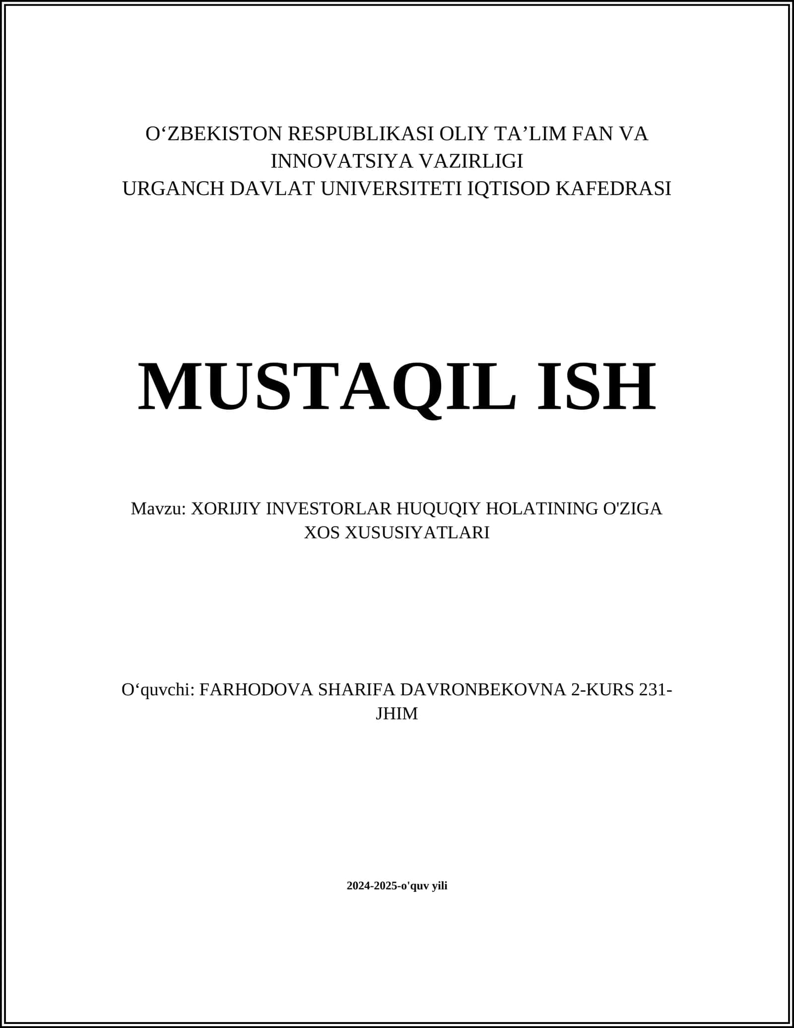 XORIJIY INVESTORLAR HUQUQIY HOLATINING O'ZIGA XOS XUSUSIYATLARI