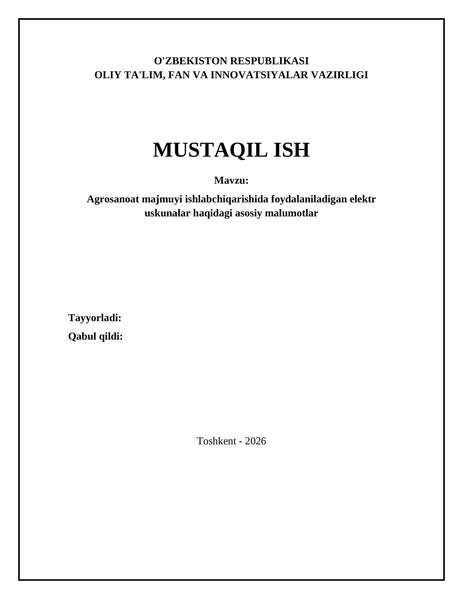 Agrosanoat majmuyi ishlabchiqarishida foydalaniladigan elektr uskunalar haqidagi asosiy malumotlar