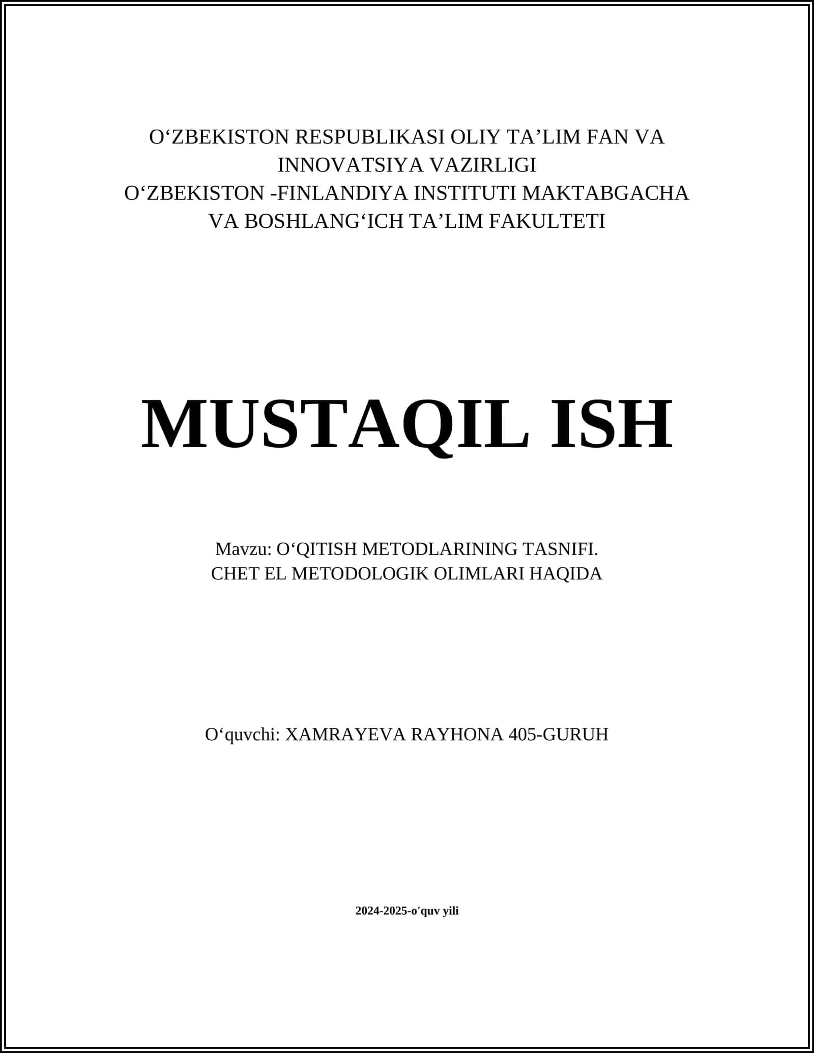 OʻQITISH METODLARINING TASNIFI
