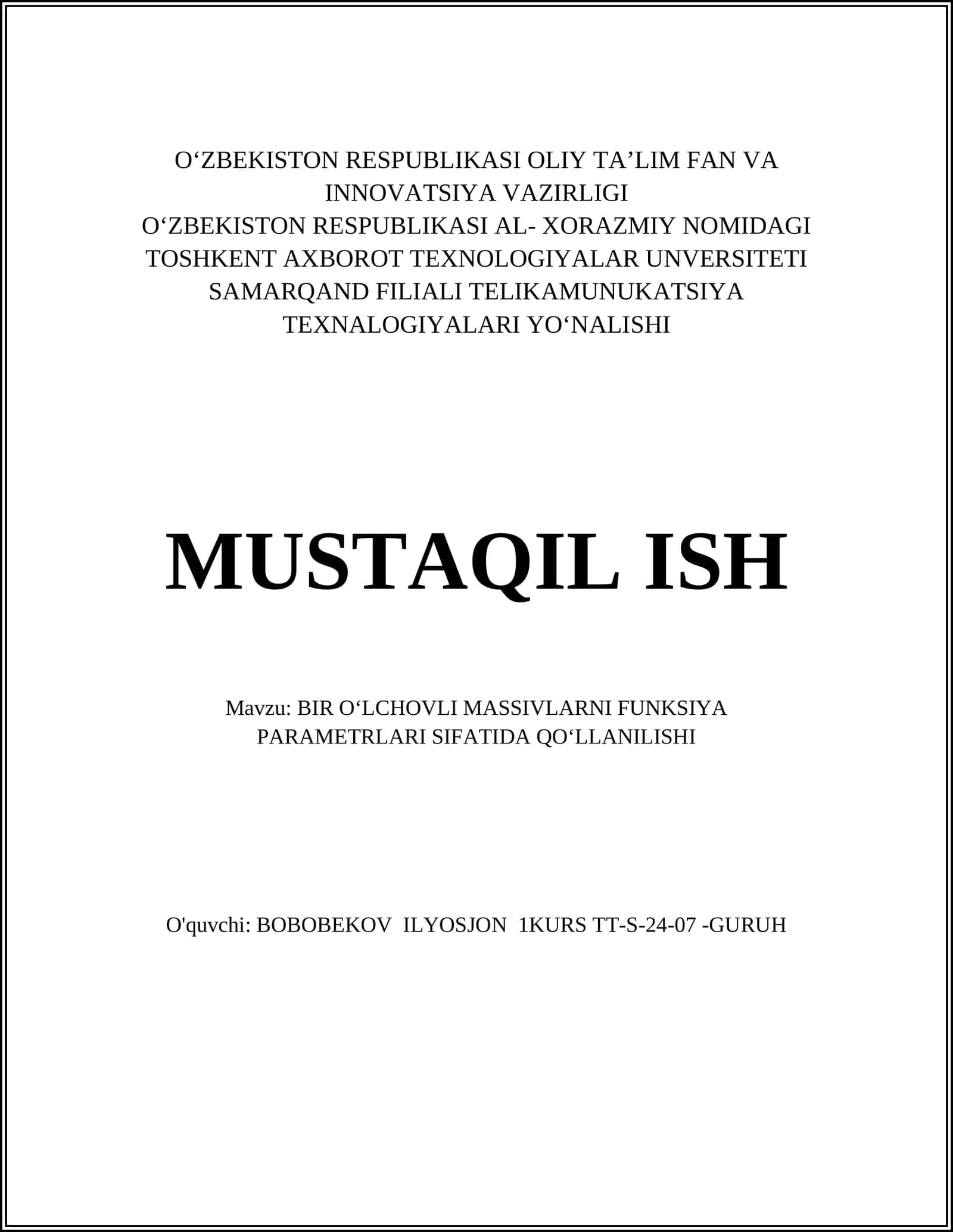 BIR OʻLCHOVLI MASSIVLARNI FUNKSIYA PARAMETRLARI SIFATIDA QOʻLLANILISHI