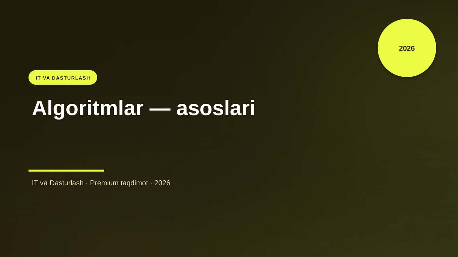 Ushbu taqdimot «Algoritmlar — asoslari» mavzusini tizimli, amaliy va tushunarli shaklda yoritadi