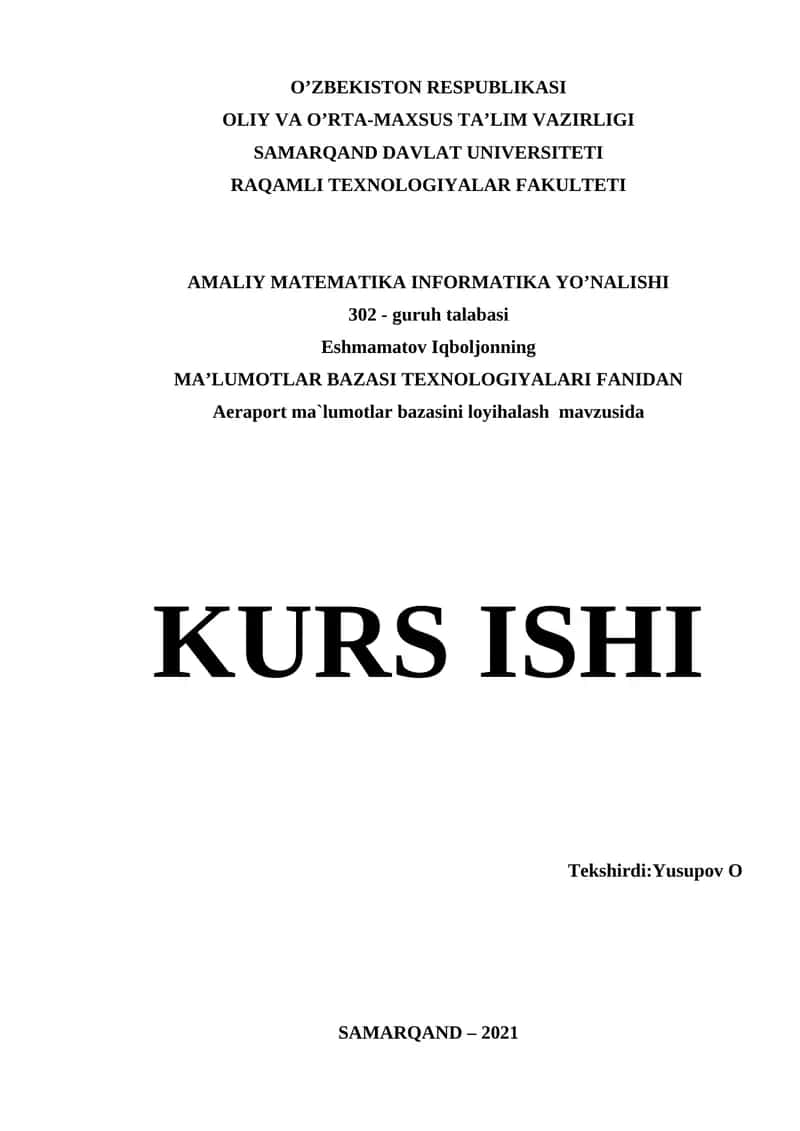 Aeraport ma`lumotlar bazasini loyihalash