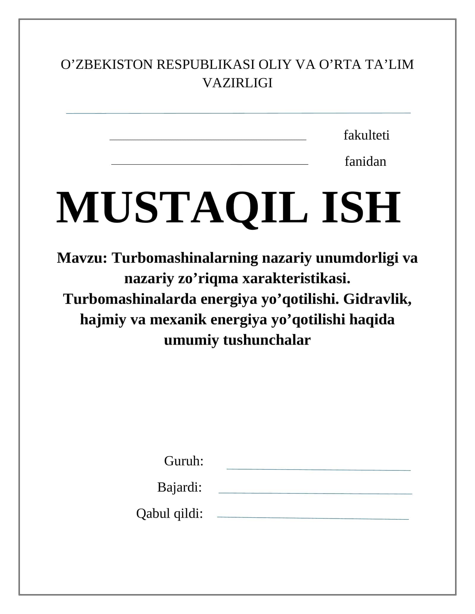 Turbomashinalarning nazariy unumdorligi va nazariy zo’riqma xarakteristikasi