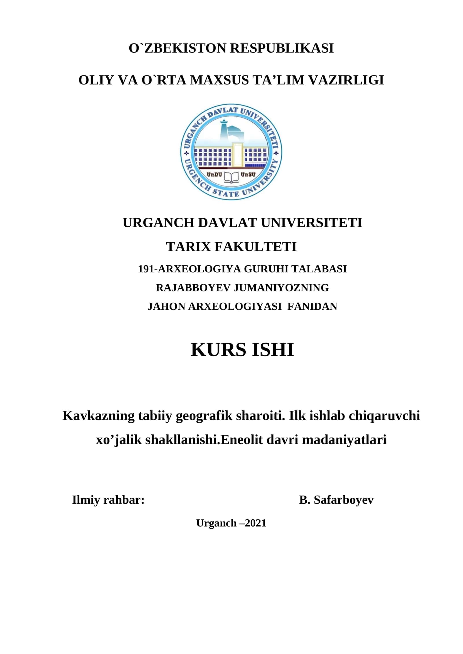 JAHON ARXEOLOGIYASI FANIDAN KURS ISHI