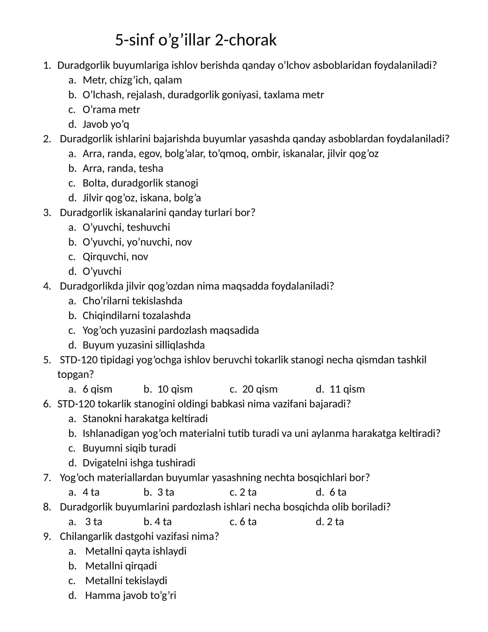 Texnologiya fani 5-sinf o’g’il bolalalarga test 2-chorak 1