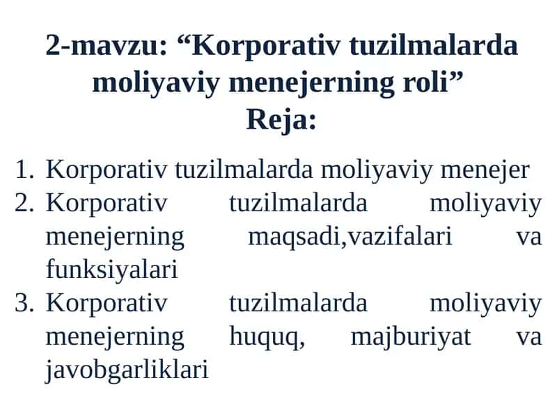 Korporativ tuzilmalarda moliyaviy menejer