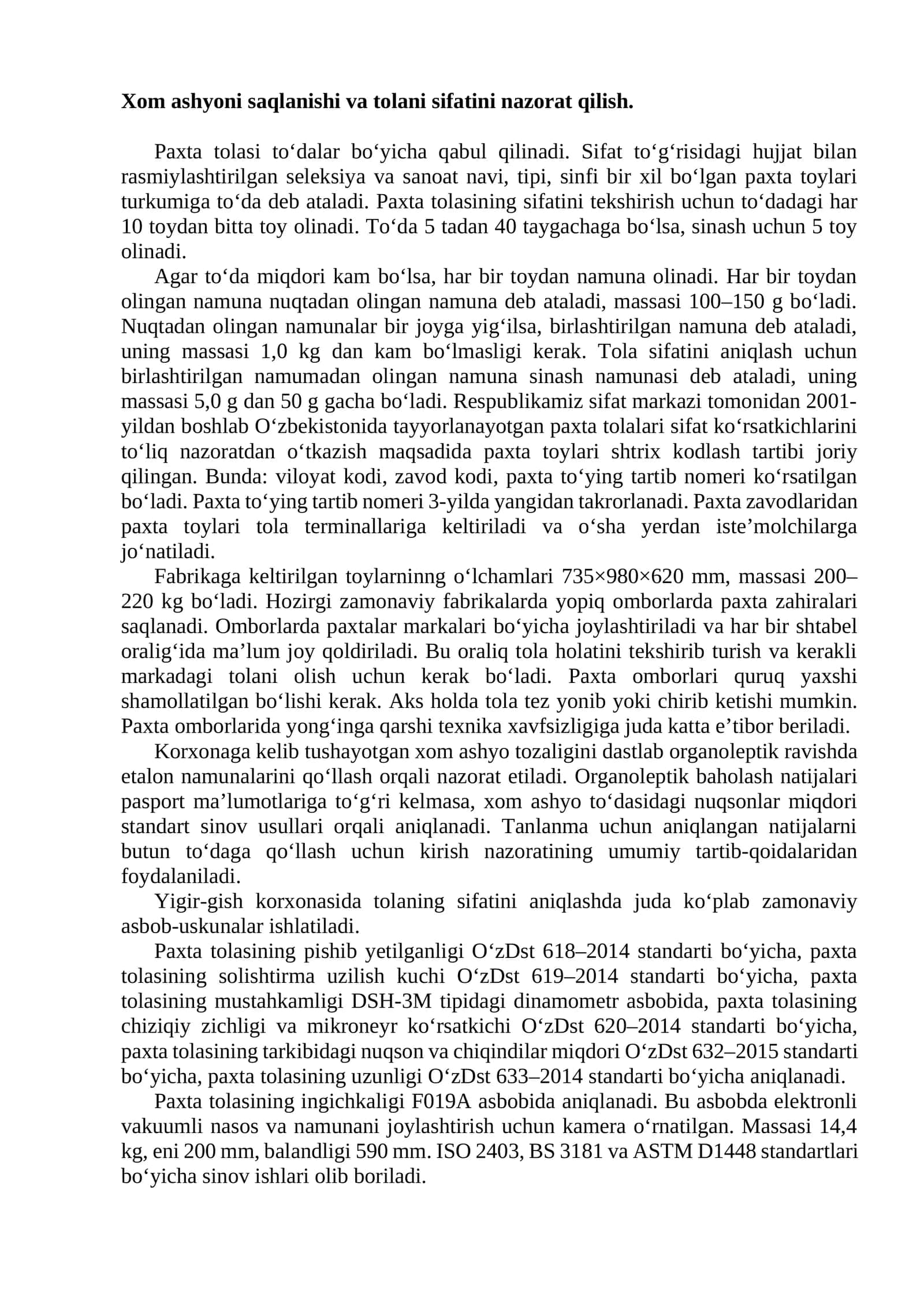 Paxta toylari sifatini nazorat qilish