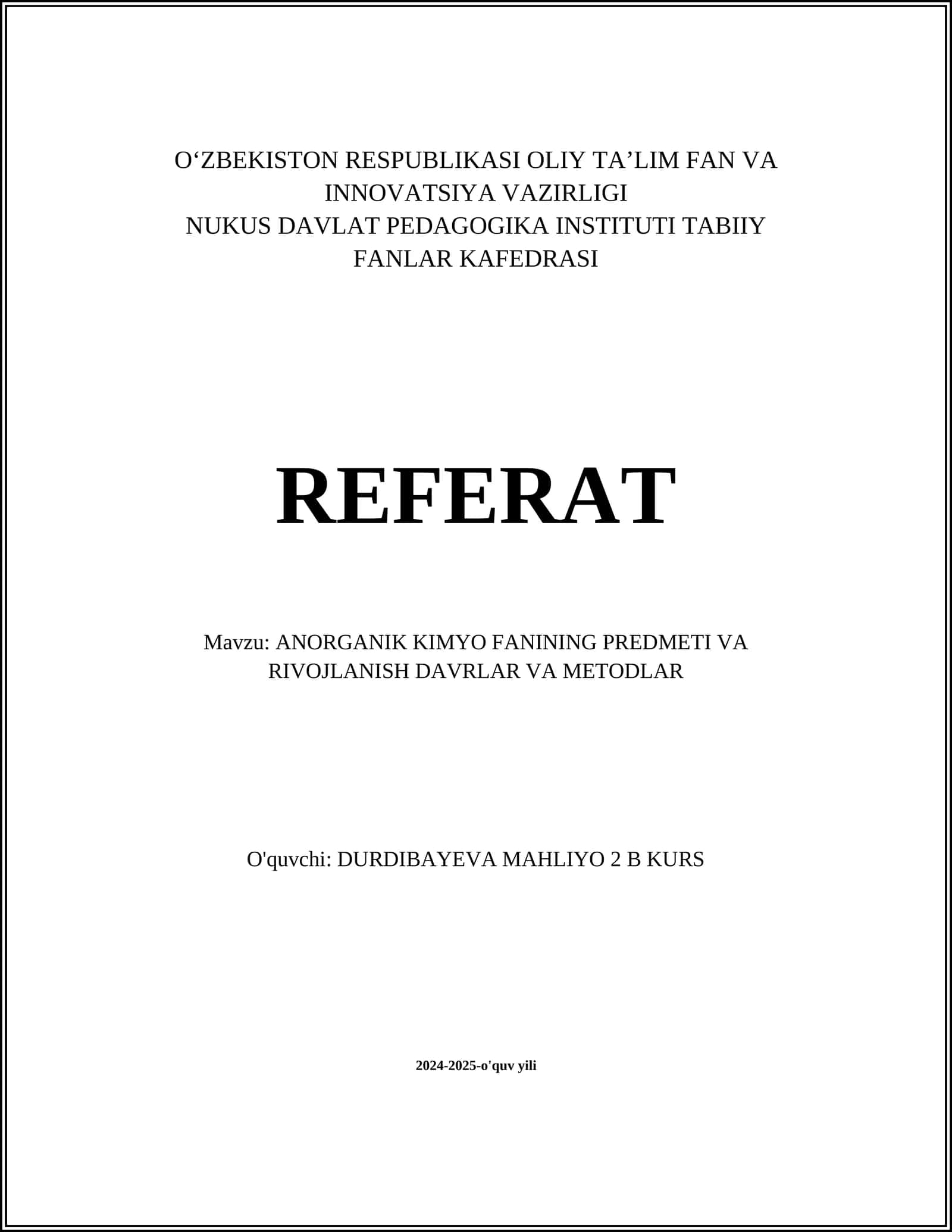 ANORGANIK KIMYO FANINING PREDMETI VA RIVOJLANISH DAVRLAR VA METODLAR