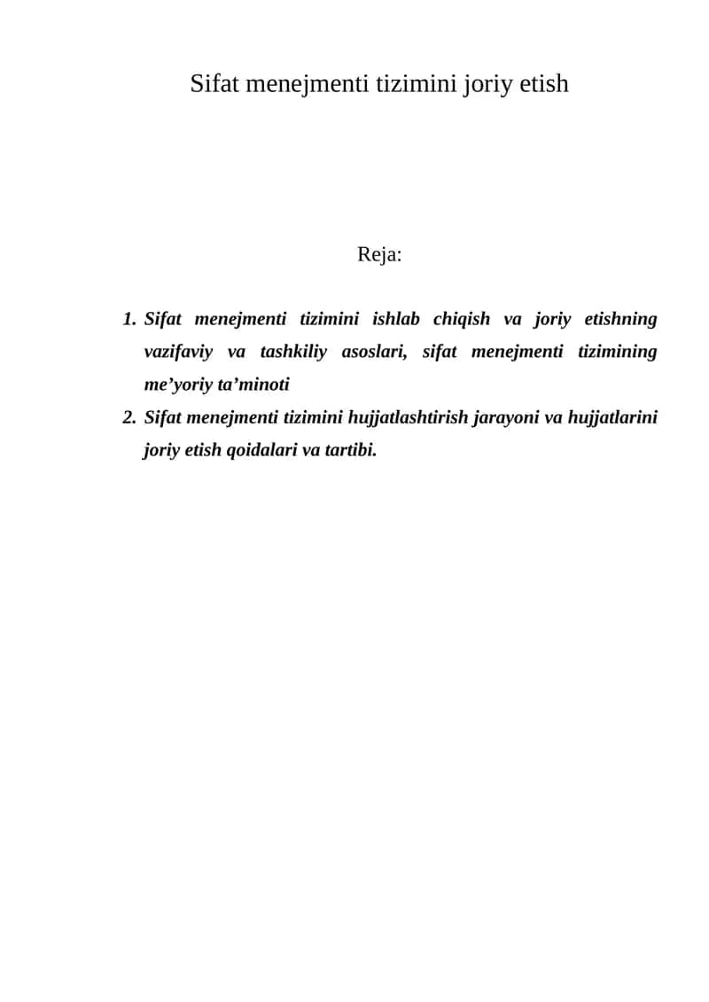 Sifat menejmenti tizimini joriy etish