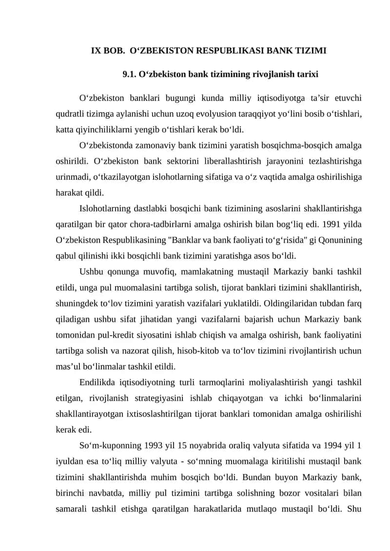 O‘ZBEKISTON RESPUBLIKASI BANK TIZIMI