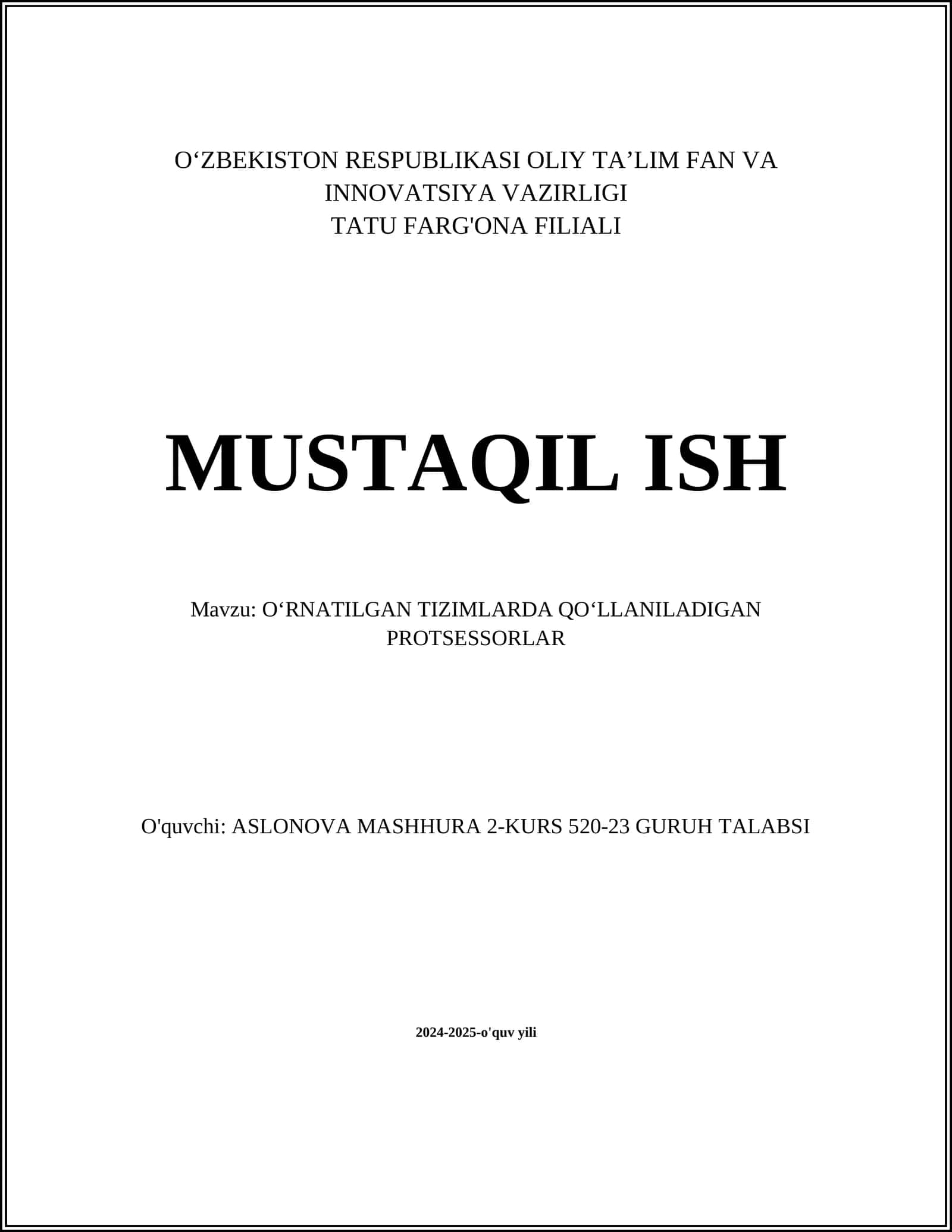 O‘RNATILGAN TIZIMLARDA QO‘LLANILADIGAN PROTSESSORLAR