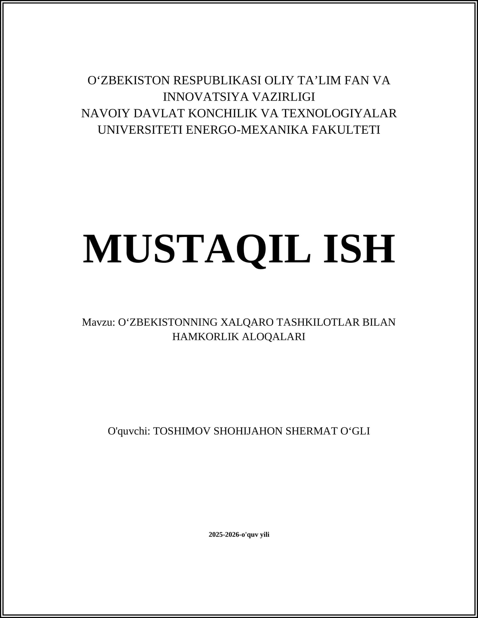 O'ZBEKISTONNING XALQARO TASHKILOTLAR BILAN HAMKORLIK ALOQALARI