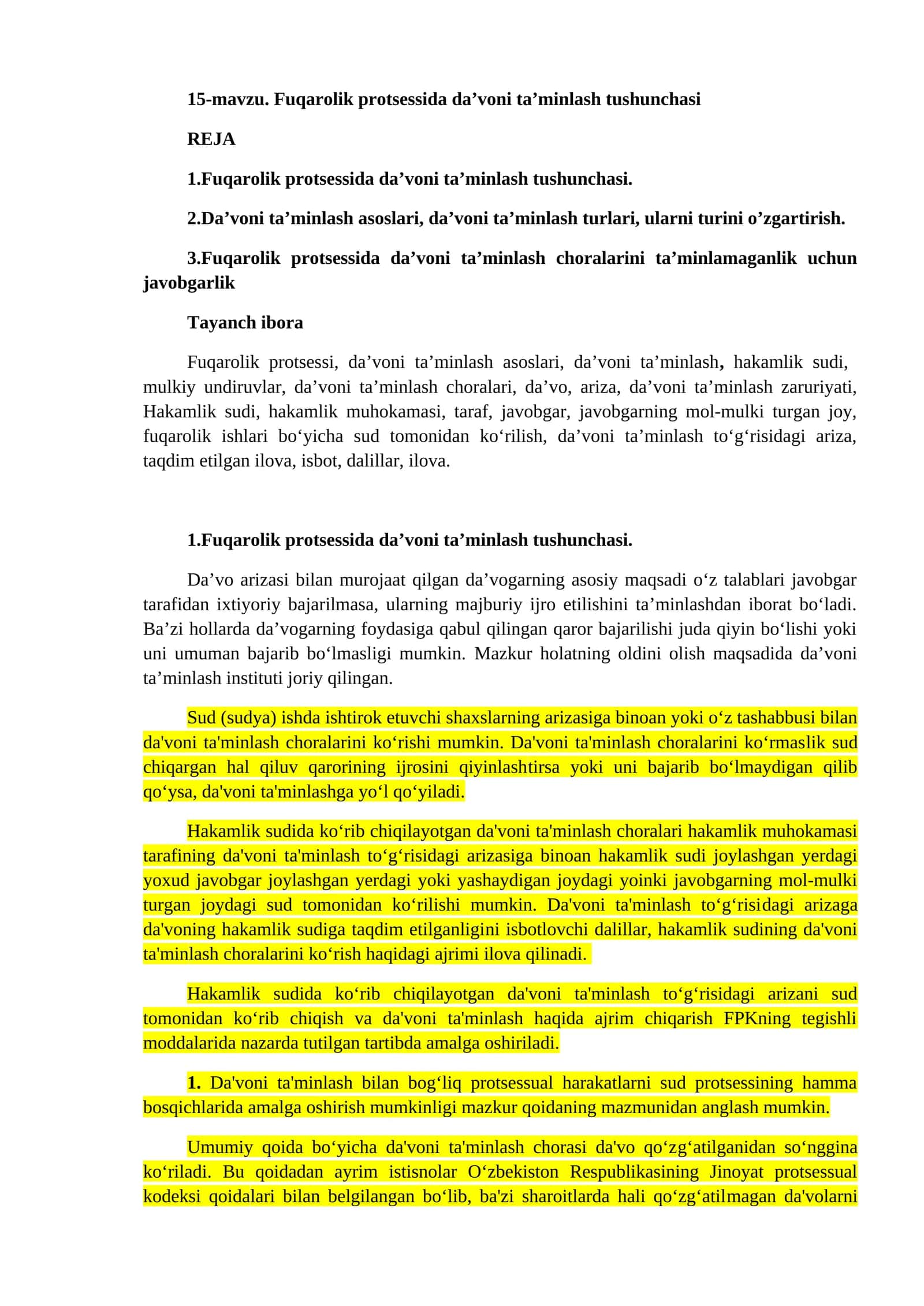 Fuqarolik protsessida da’voni ta’minlash tushunchasi
