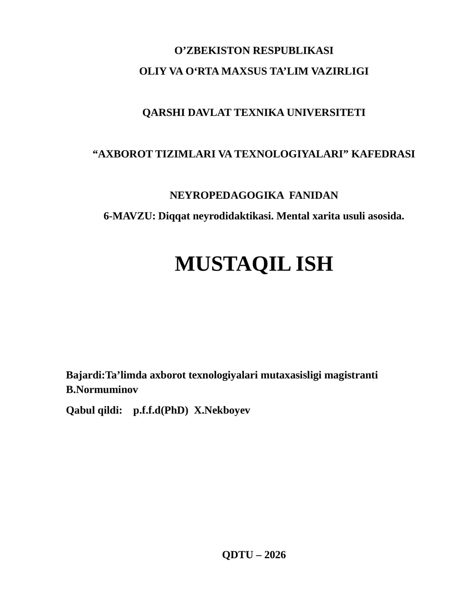 Diqqat neyrodidaktikasi. Mental xarita usuli asosida