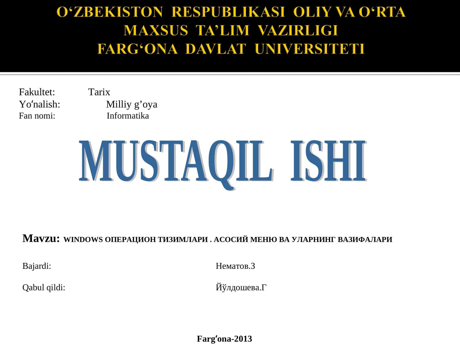 WINDOWS ОПЕРАЦИОН ТИЗИМЛАРИ. АСОСИЙ МЕНЮ ВА УЛАРНИНГ ВАЗИФАЛАРИ