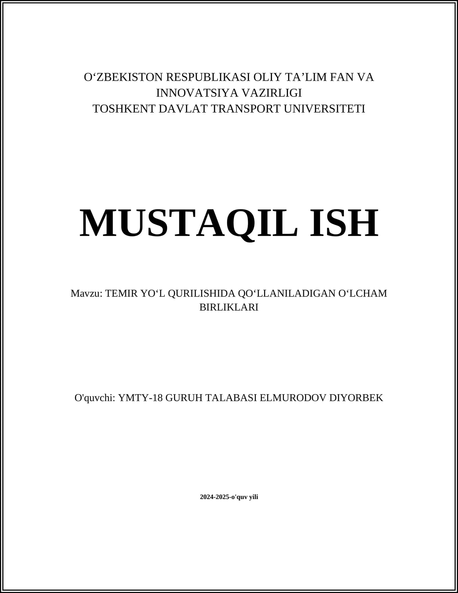 TEMIR YOʻL QURILISHIDA QOʻLLANILADIGAN OʻLCHAM BIRLIKLARI