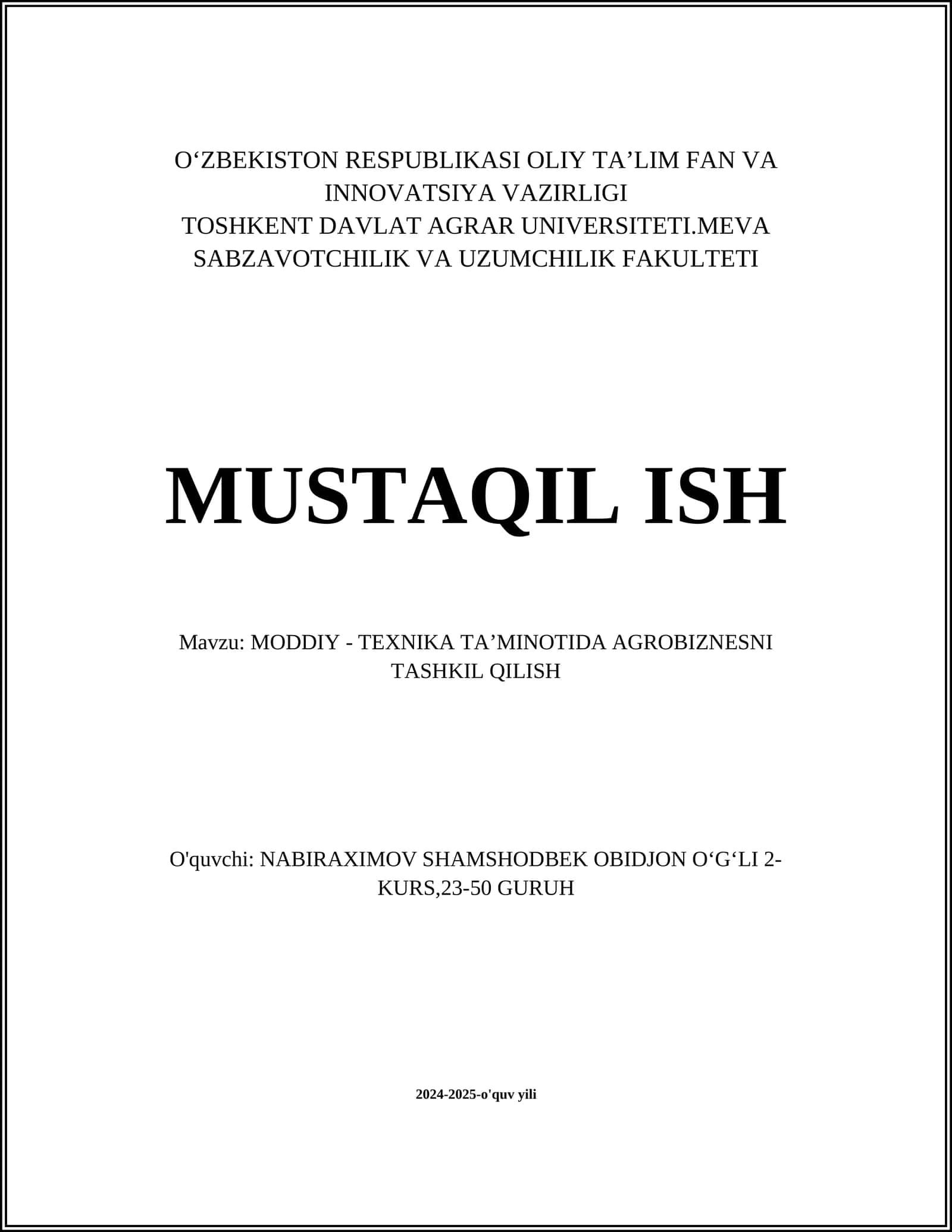MODDIY - TEXNIKA TA’MINOTIDA AGROBIZNESNI TASHKIL QILISH