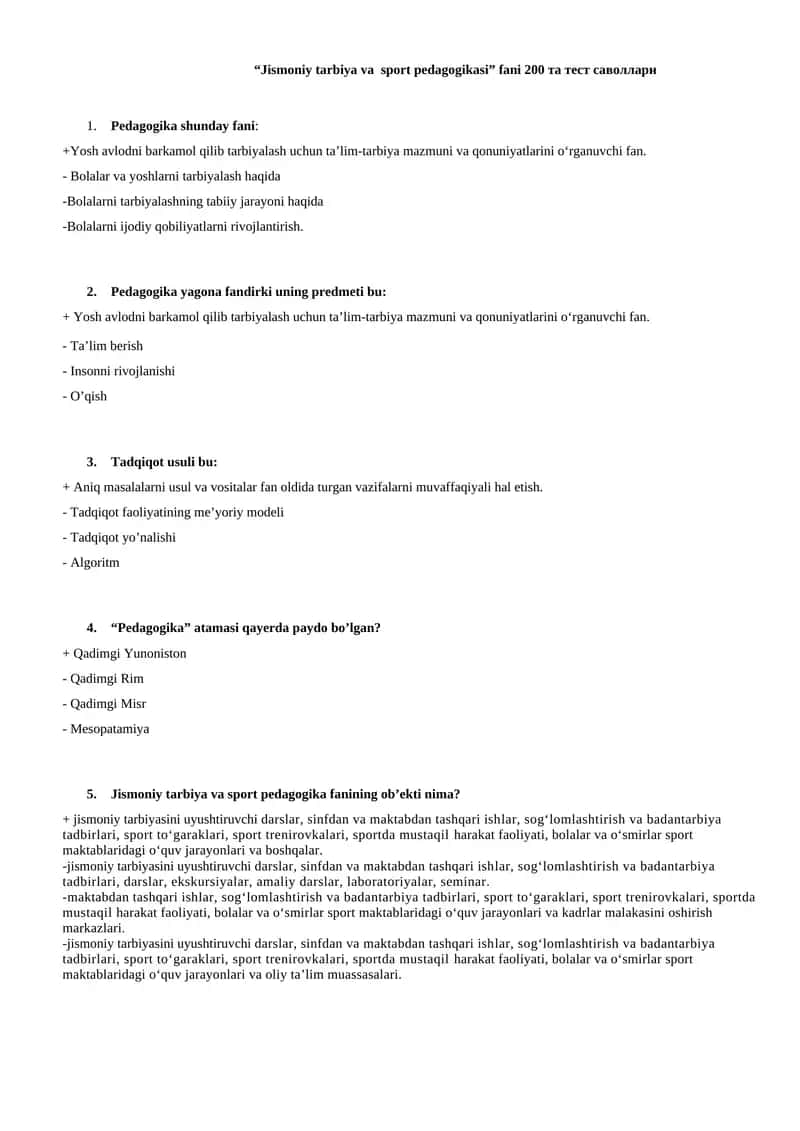 Jismoniy tarbiya va sport pedagogikasi fani 200 ta test savollari