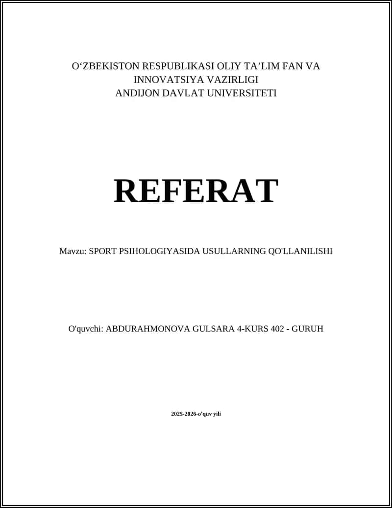 SPORT PSIHOLOGIYASIDA USULLARNING QO'LLANILISHI