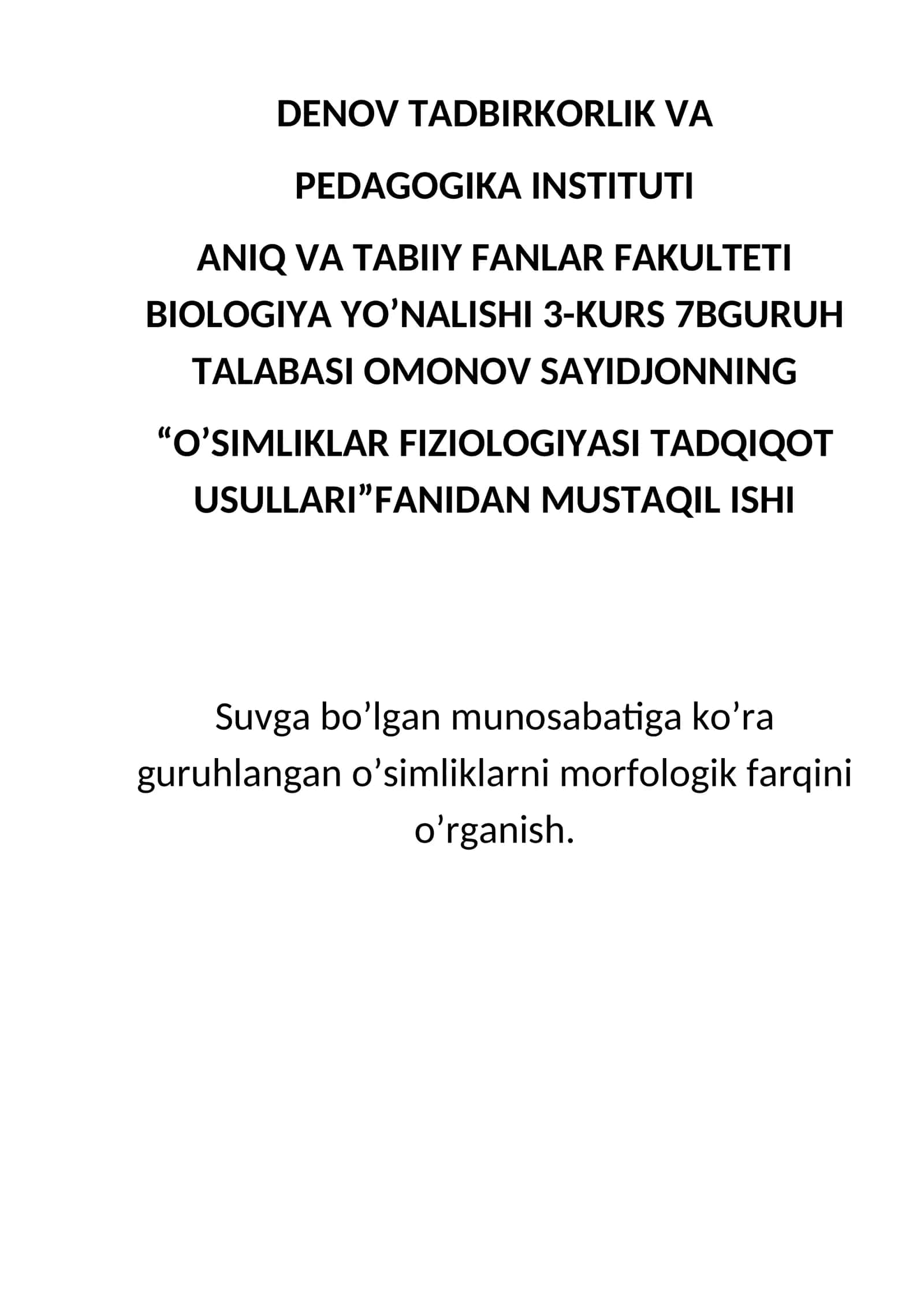 O'Simliklar  ekologik guruhlarga ajratish
