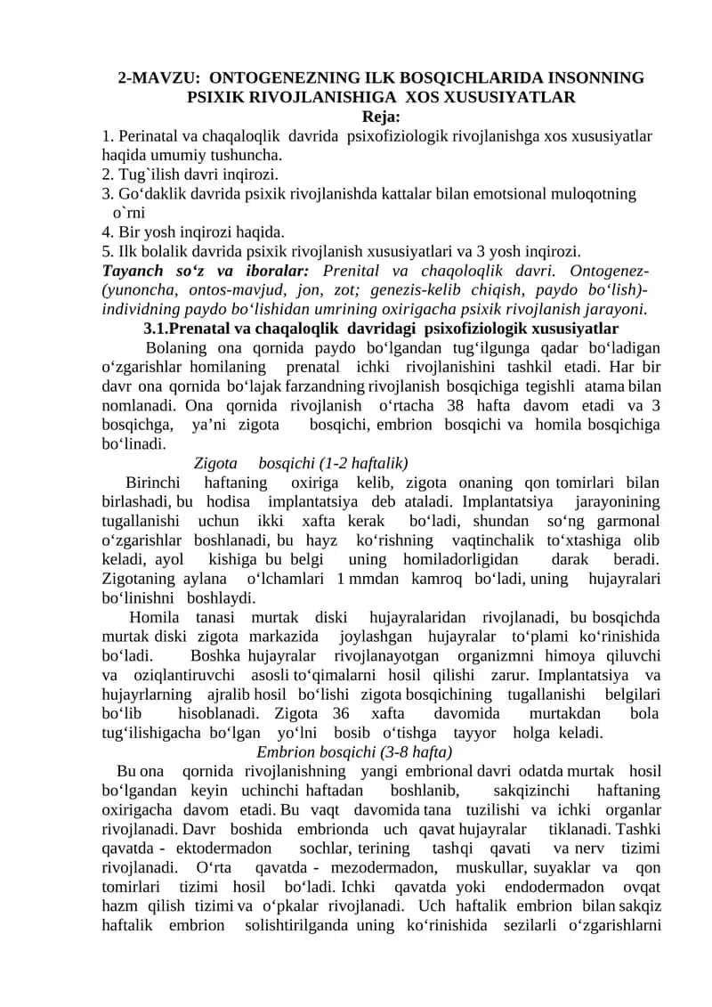 ONTOGENEZNING ILK BOSQICHLARIDA INSONNING PSIXIK RIVOJLANISHIGA XOS XUSUSIYATLAR