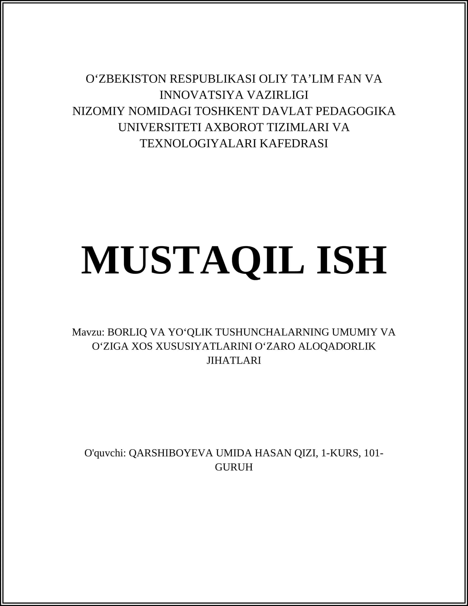 Borliq va yo‘qlikning falsafiy asoslari
