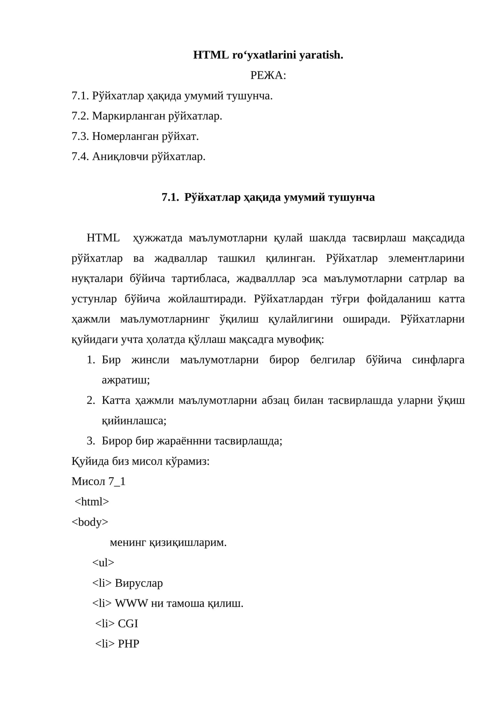 HTML ro‘yxatlarini yaratish