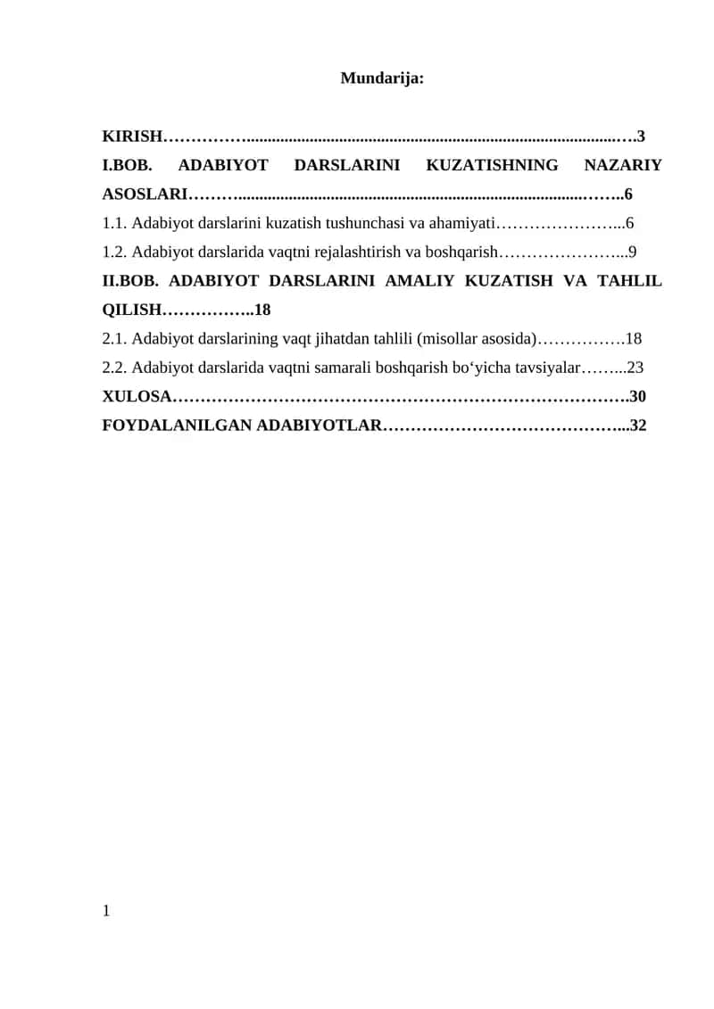 Adabiyot Darslarini Amaliy Kuzatish va Tahlil Qilish