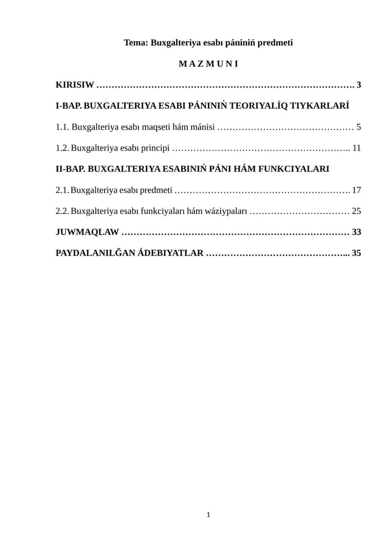 Buxgalteriya esabı pániniń predmeti
