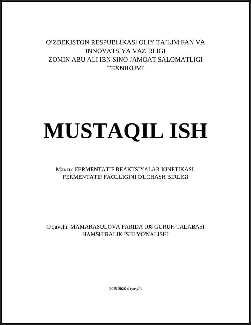 FERMENTATIF REAKTSIYALAR KINETIKASI