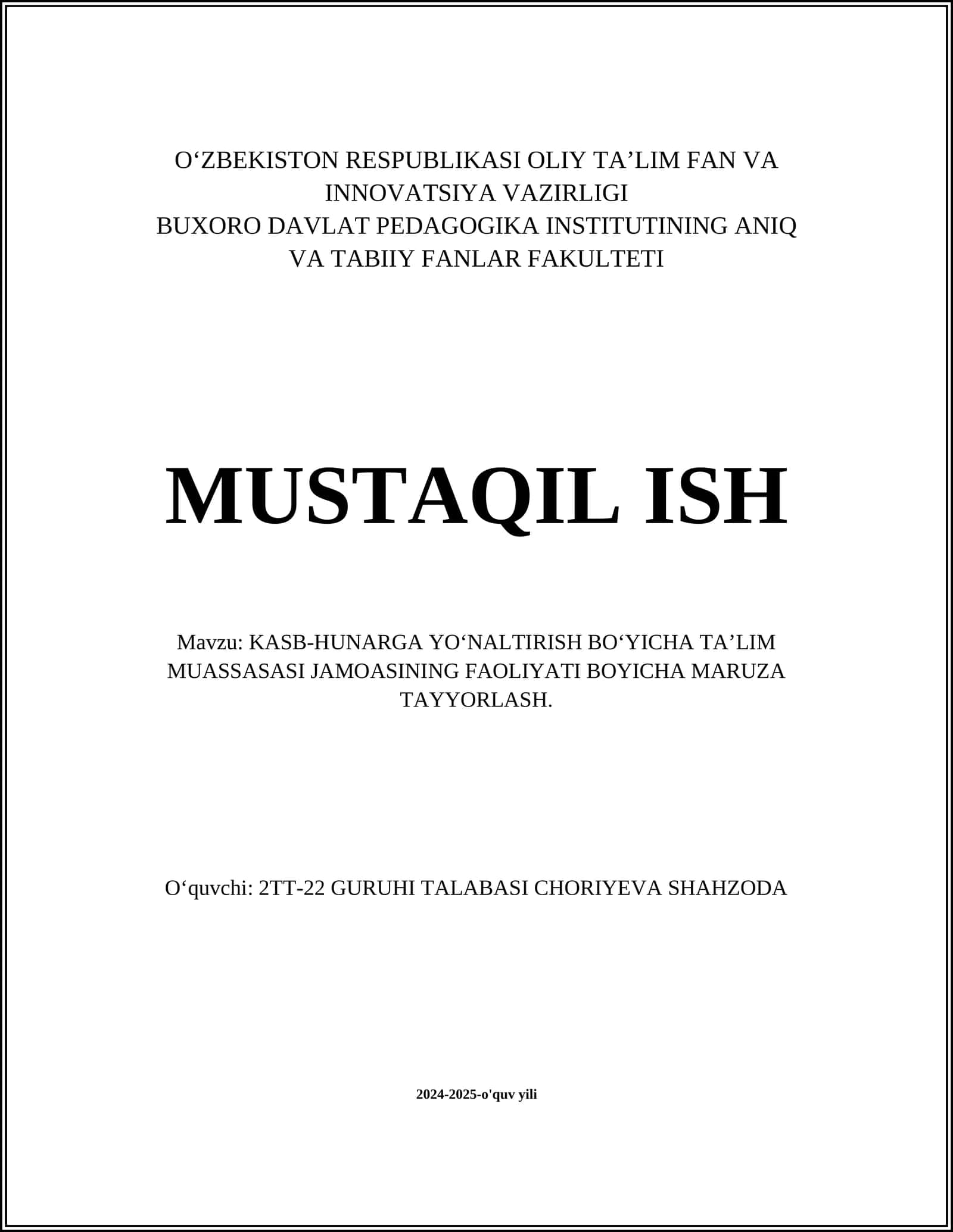 KASB-HUNARGA YO‘NALTIRISH BO‘YICHA TA’LIM MUASSASASI JAMOASINING FAOLIYATI BOYICHA MARUZA TAYYORLASH