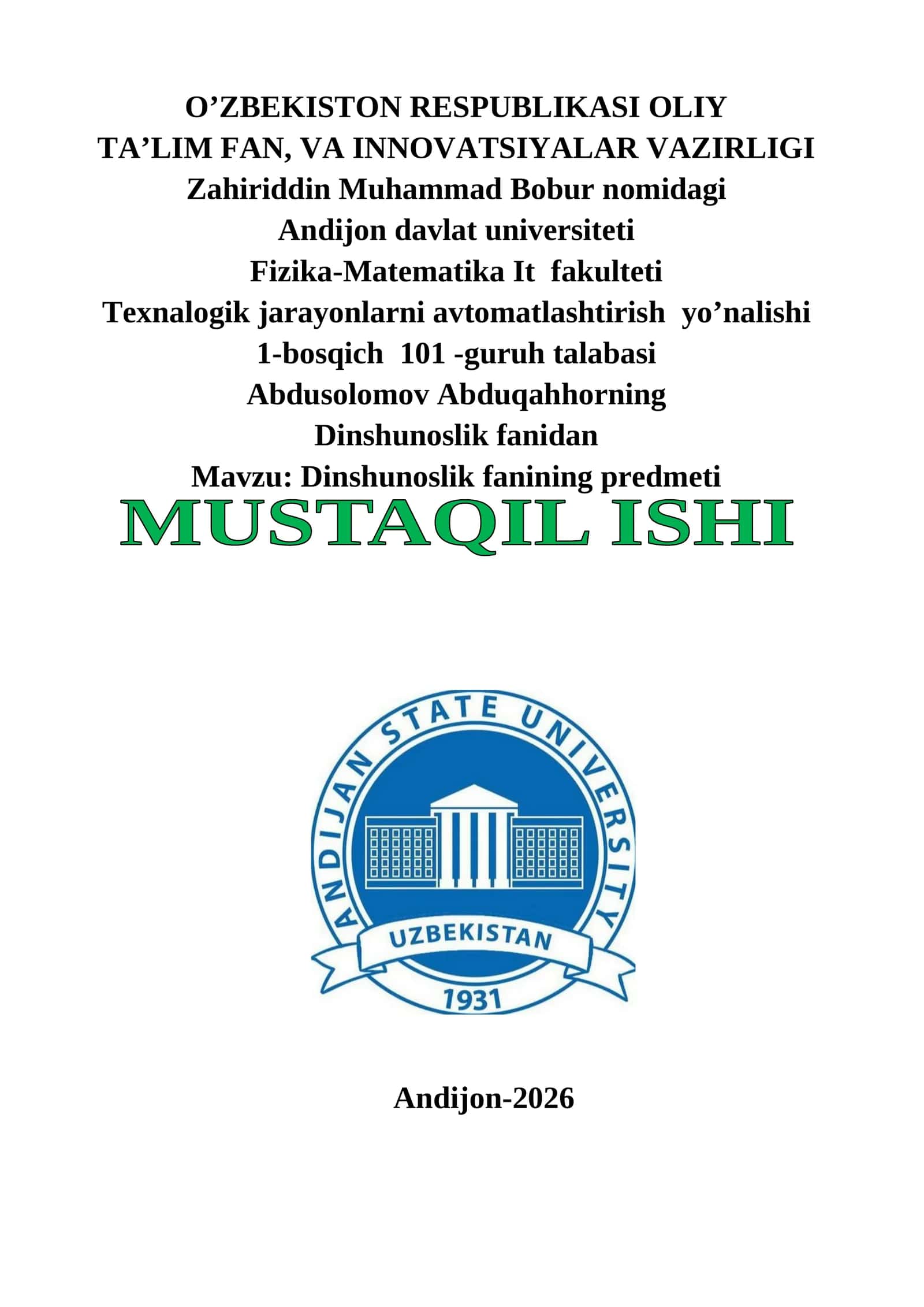 Dinshunoslik fanining predmeti