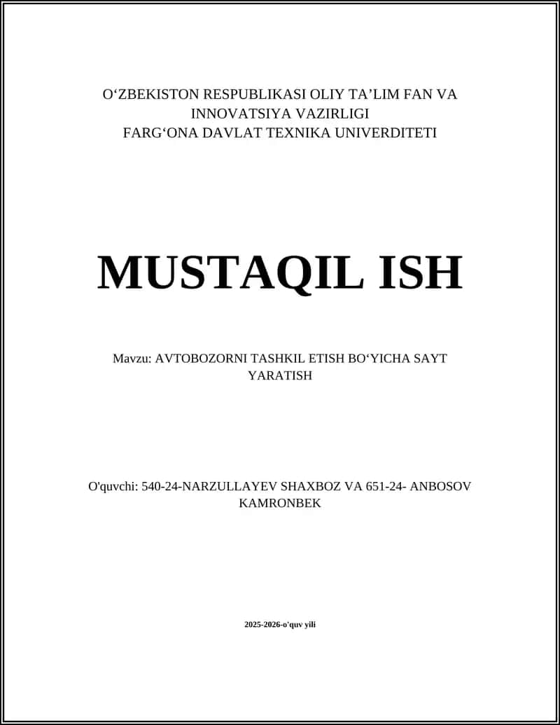 AVTOBOZORNI TASHKIL ETISH BOʻYICHA SAYT YARATISH