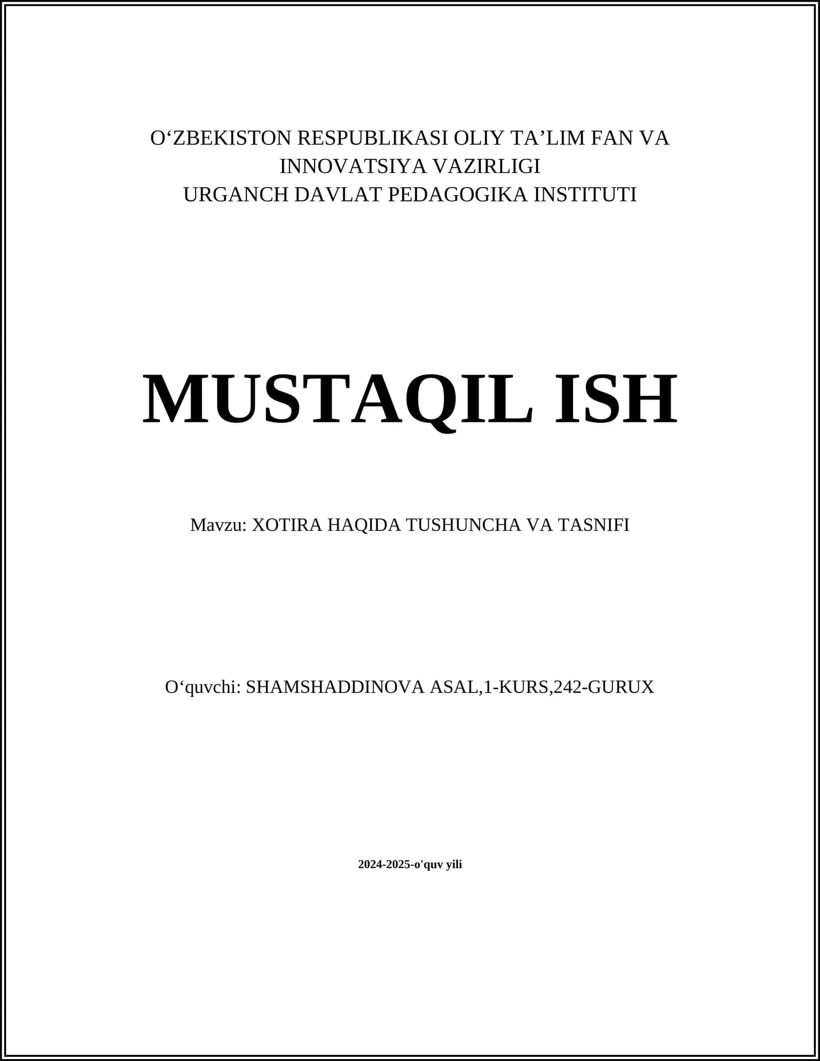 Xotira haqida tushuncha va tasnifi