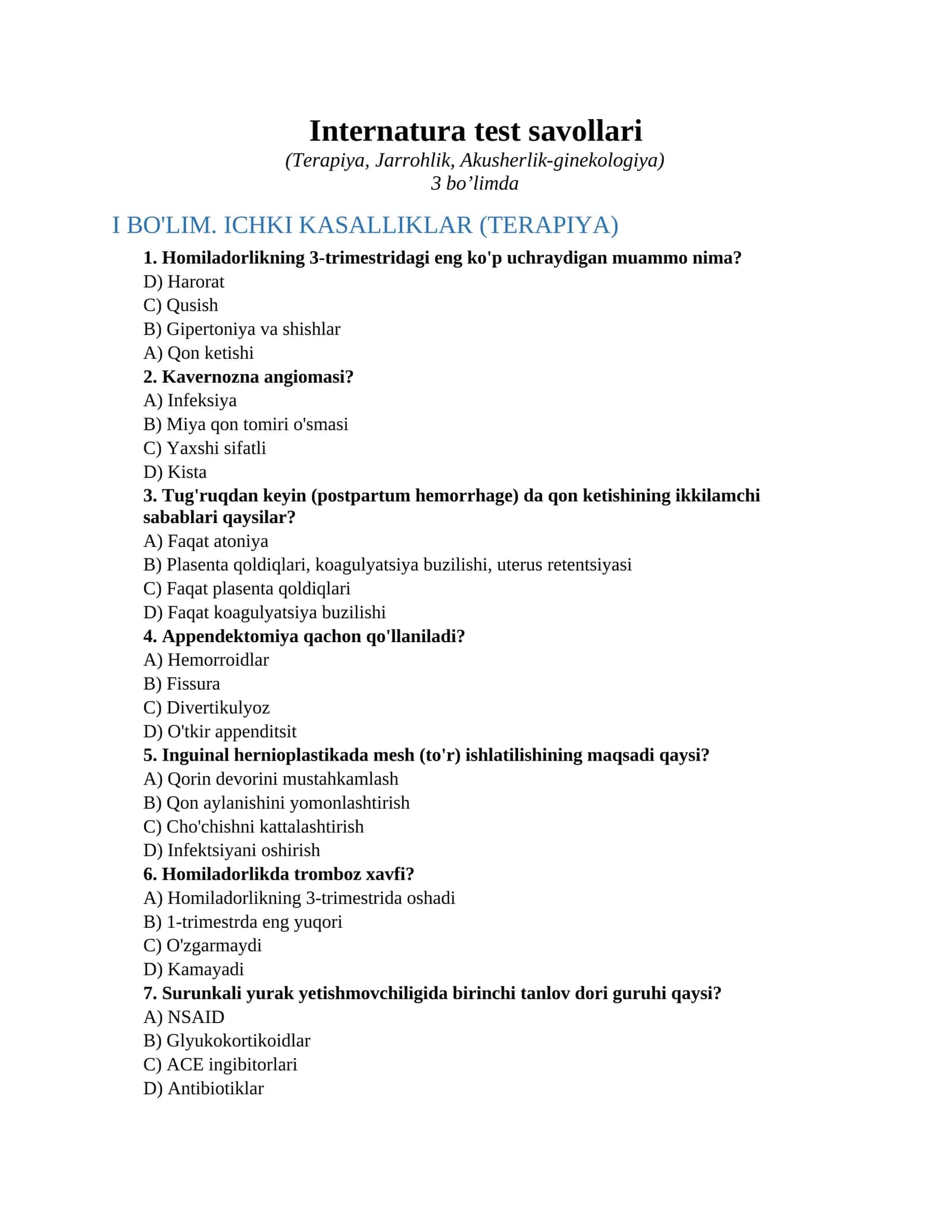 Internatura test savollari