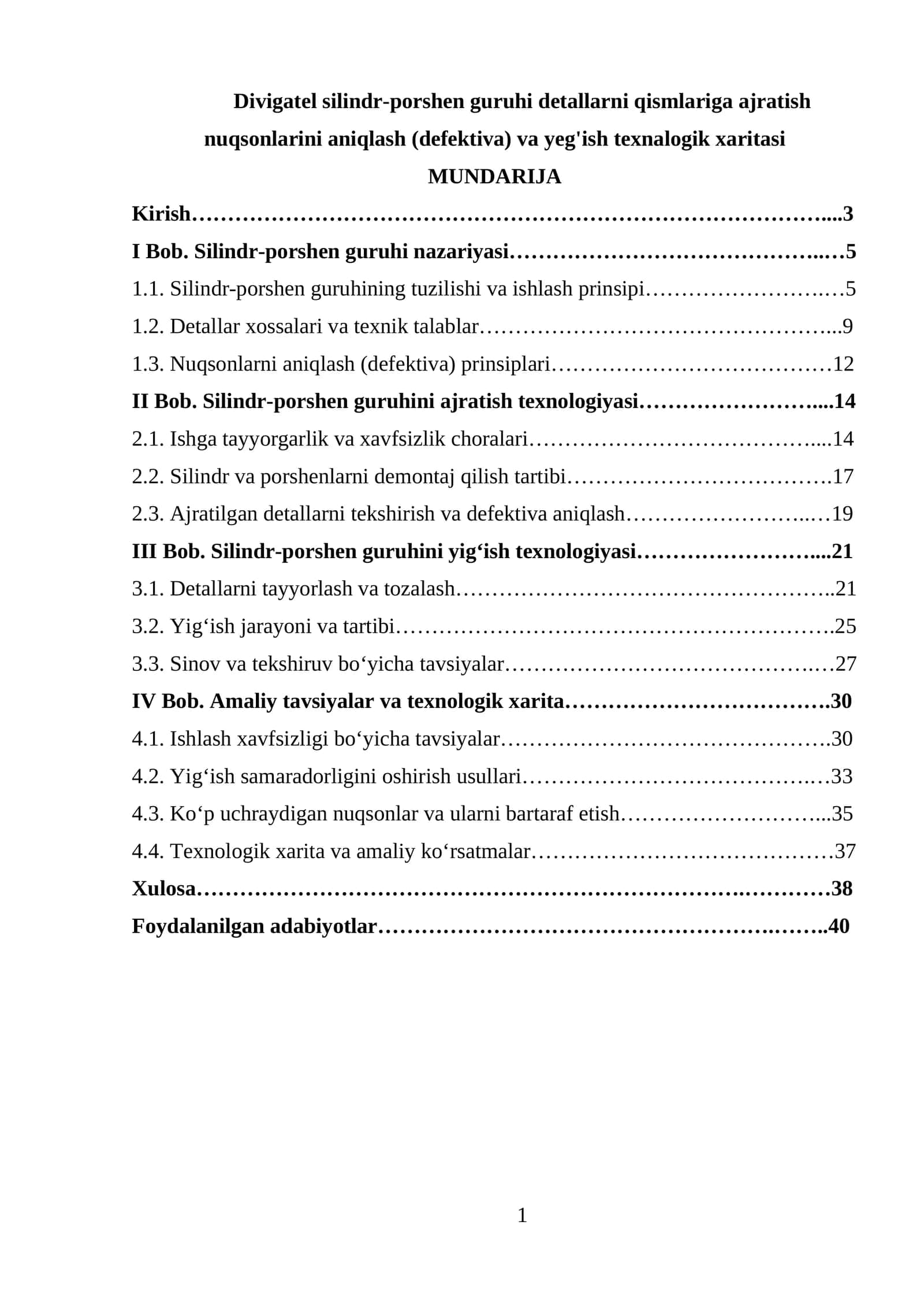 Divigatel silindr-porshen guruhi detallarni qismlariga ajratish nuqsonlarini aniqlash (defektiva) va yeg'ish texnalogik xaritasi