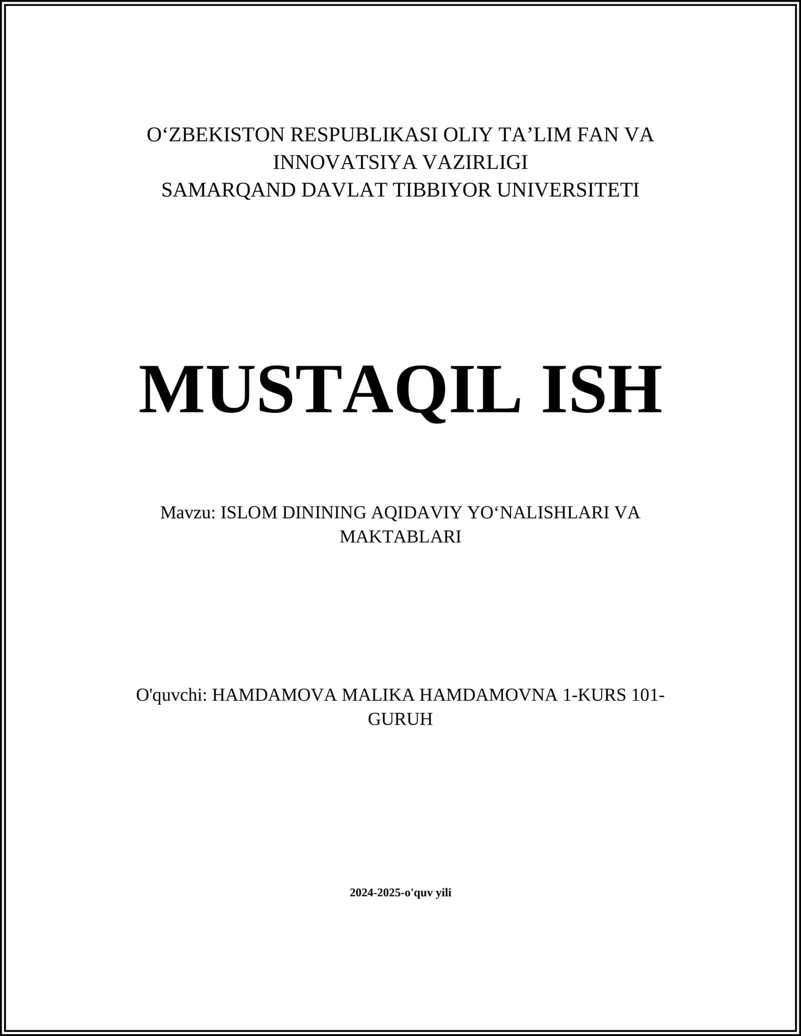 ISLOM DININING AQIDAVIY YO‘NALISHLARI VA MAKTABLARI
