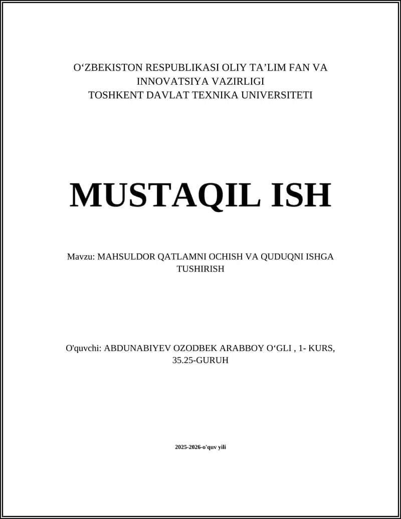 MAHSULDOR QATLAMNI OCHISH VA QUDUQNI ISHGA TUSHIRISH