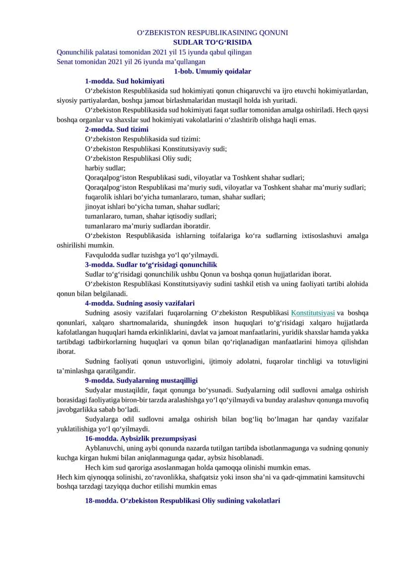 O‘ZBEKISTON RESPUBLIKASINING QONUNI SUDLAR TO‘G‘RISIDA