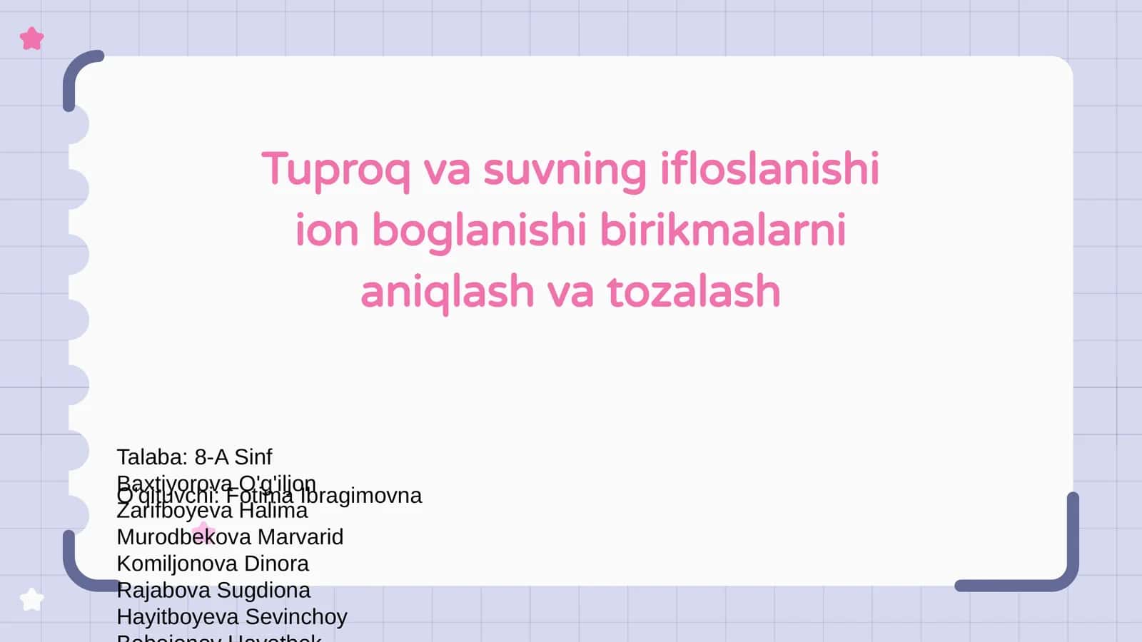 Tuproq va suvning ifloslanishi ion boglanishi birikmalarni aniqlash va tozalash